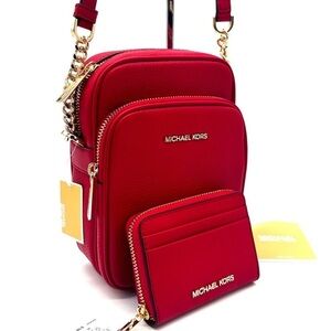 Michael Kors Medium NS Chain Xbody Bag & Jet Set Travel Medium ZA Card Case Red